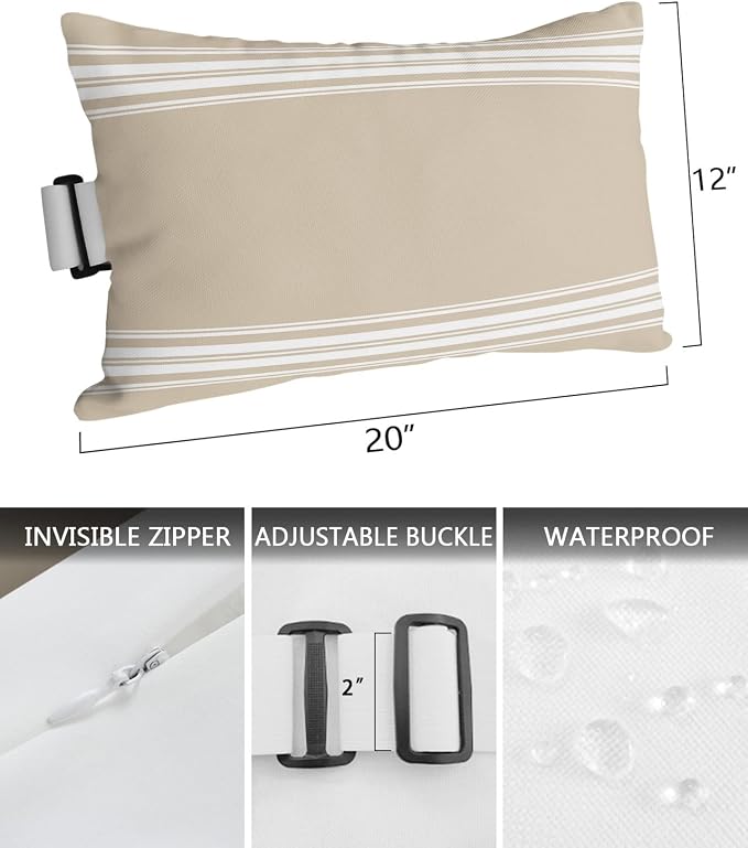 Khaki and White Stripe Lumbar Pillow with Adjustable Strap Outdoor Waterproof Patio Pillow for Couch Beach Pool Office Chair, 12x20in
