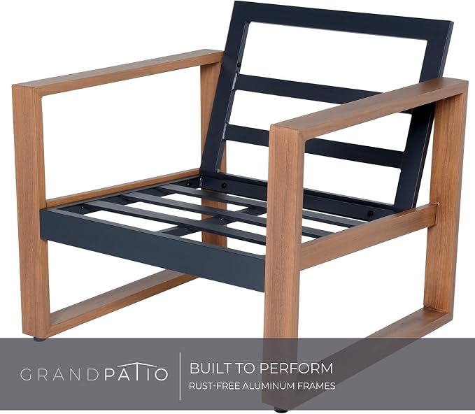 Grand patio Outdoor 4-Piece Modern Aluminum Patio Furniture Sets 5 Person Conversation Set, Faux Wood Grain Finish Frame Sofa with Removable Olefin Extra Thick Cushions and Coffee Table for Garden