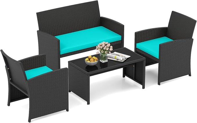 HAPPYGRILL 4 Piece Rattan Wicker Patio Conversation Set, Outdoor Furniture with Chair Loveseat Table & Cushion, for Backyard Porch Balcony (1, Black & Turquoise)