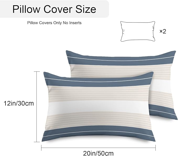 Haze Blue Beige Stripe Outdoor Pillow Covers Waterproof, All Weather Cushion Case Set of 2, Modern Art Horizontal Striped Lumbar Pillowcase for Sofa Couch Bed Decor Patio Furniture 20"x12"
