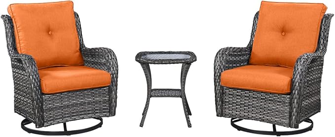 HUMMUH 3-Piece Swivel Rocking Rattan Chair Outdoor, Patio Bistro Furniture Conversation Set, Cushioned Wicker Chair with Glass Coffee Table(Grey, Orange)