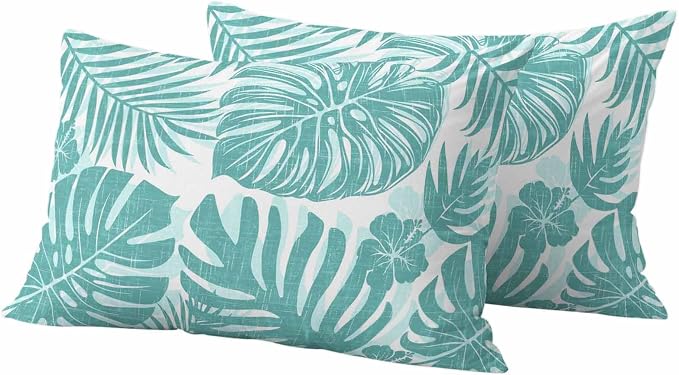 Aqua Teal Palm Leaves Outdoor Pillow Covers 20"x12" Set of 2, Tropical Botanical Minimalist Modern Waterproof Throw Pillow Covers for Patio Furniture, Decorative Cushion Covers for Porch