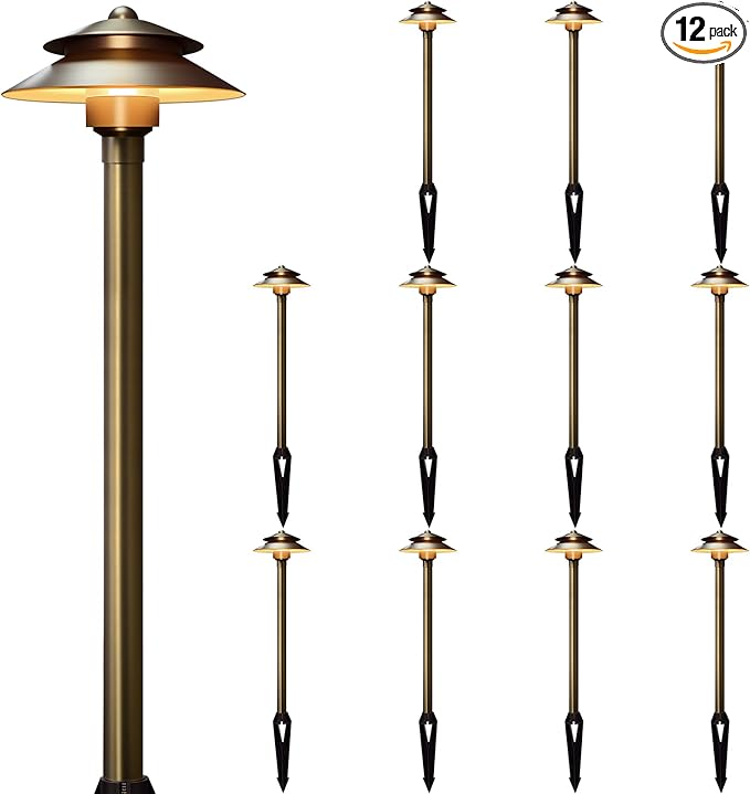 Gardencoin Solid Brass Low Voltage Landscape Pathway Lights (6'' Shade, 19'' Tall), 12V LED Heavy Duty Path Lighting Outdoor Wired, Waterproof Antique Bronze Walkway Light Without G4 Bulb,12 Pack