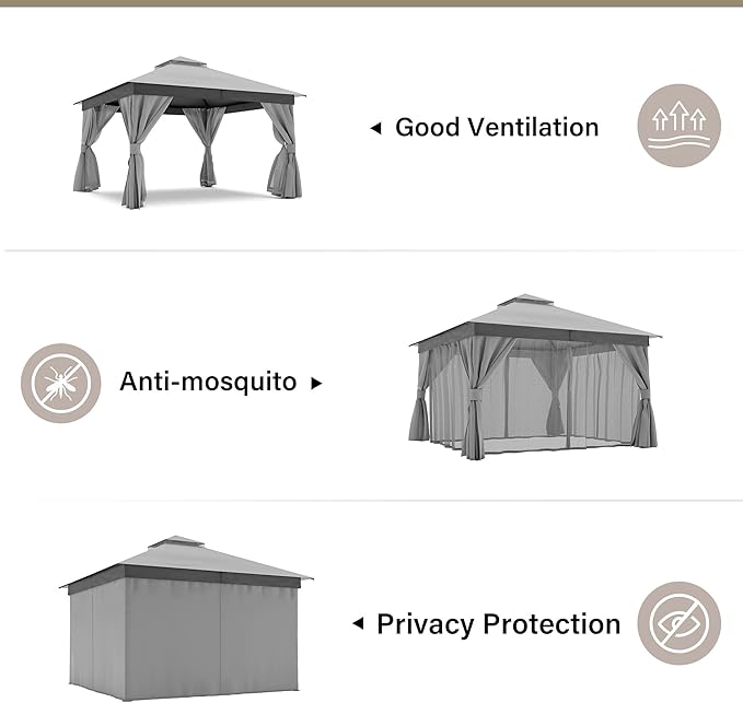 LAUSAINT HOME 12'x12' Outdoor Gazebo, Metal Frame Heavy Duty Patio Canopy Tent Shelter with Double Roofs, Mosquito Nettings and Privacy Screens for Backyard, Garden, Lawn, Gray