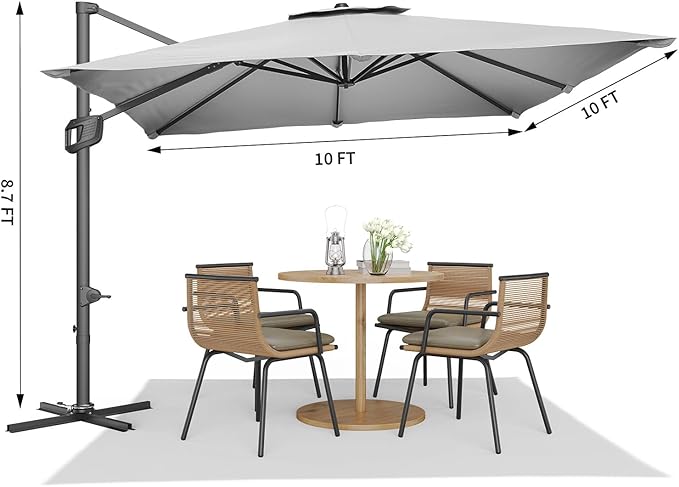 GarveeHome Cantilever Patio Umbrella 10x10ft Large Rectangle Umbrella Outdoor Market Umbrellas 360 Rotation Offset Hanging Outdoor Shade for Patio Deck Pool Backyard