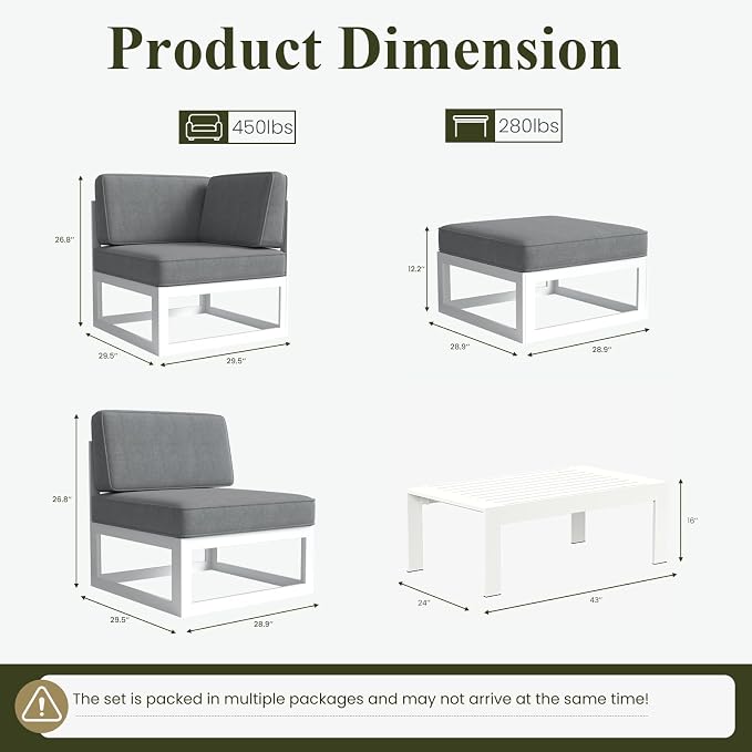 LayinSun 9 Pieces Modern Aluminum Patio Furniture Set with Coffee Table, Outdoor Modular Sectional Conversation Set L-Shaped Sofa for Backyard