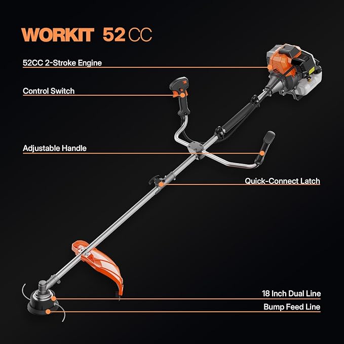 WORKIT 52CC Gas Weed Eater 3-in-1 String Trimmer/Edger/Brush Cutter, 18" Cutting Path, 0.095" Dual Line with Auto Feed, Includes 3T & 40T Blades for Heavy-Duty Lawn Care