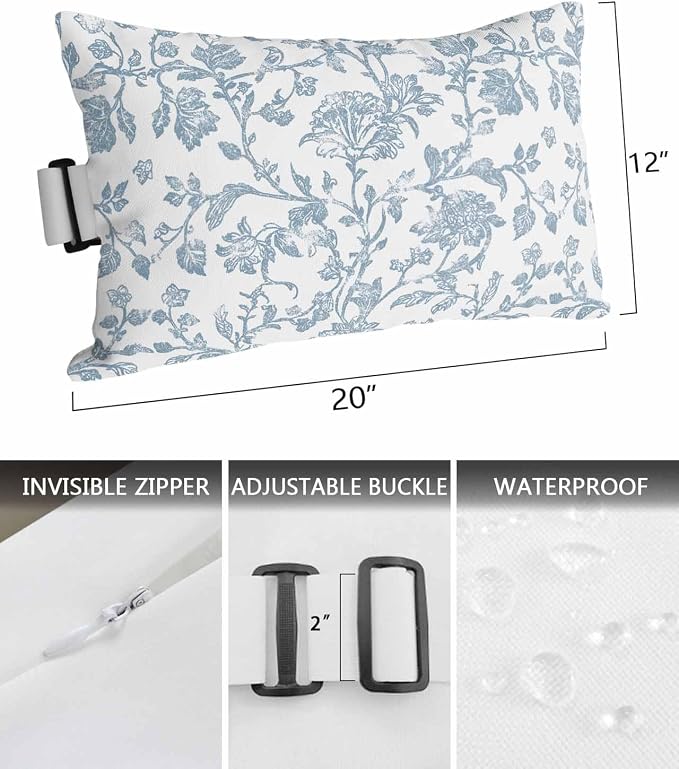 Pack of 4 Outdoor Lumbar Pillow Covers 12x20 Inch, Light Blue Flower Waterproof Throw Pillow Covers Set, Vintage Farmhouse Boho Leaf Spring Indoor&Outdoor Cushion Cases for Patio Porch Beach