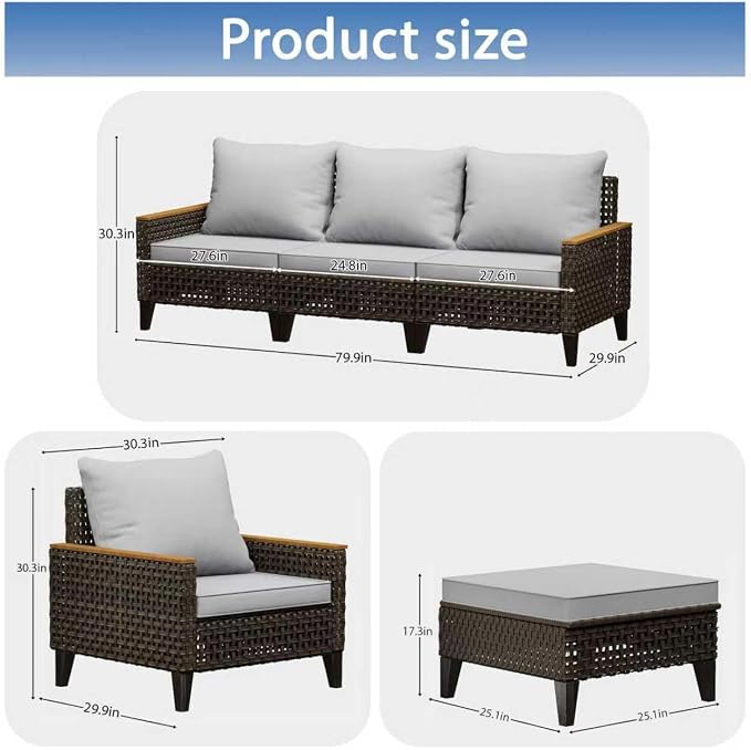 7 Piece Patio Furniture Set, All-Weather Wicker Rattan Outdoor Sectional Sofa Set with High Backrest and Thick Cushions for Garden, Porch, Poolside, Grey