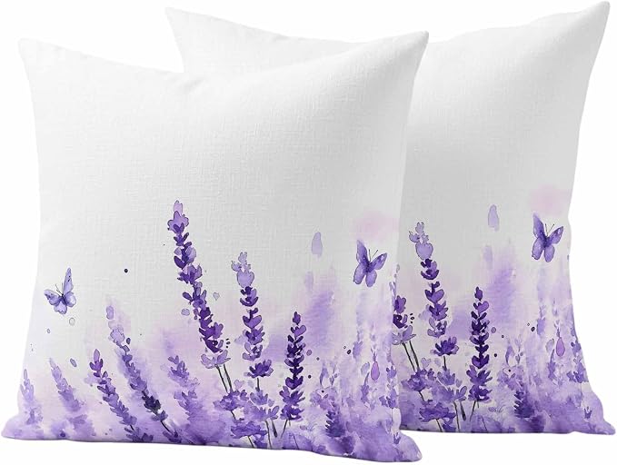 Spring Purple Lavender Outdoor Waterproof Throw Pillow Covers Set of 2, 24"x24", Country Watercolor Purple Floral Butterfly Decorative Pillow Covers Outside Cushion Case for Patio Porch Garden