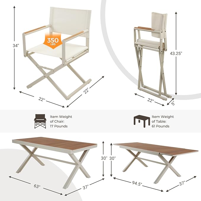 Grand patio 9-Piece Outdoor Dining Set, 8 Extra-Wide Folding Chairs & 1 Rectangle Expandable Table for 6-8 Person, Sling Mesh Patio Chairs with Wood Grain Table for Yard, Poolside, Deck, Apricot