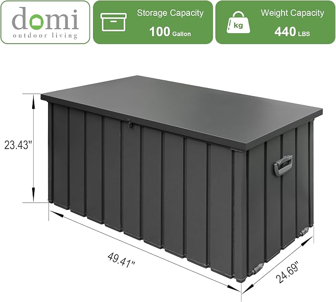 Domi 100 Gallon Deck Box, Outdoor Metal Lockable Storage Cabinet, Waterproof Steel Outdoor Bench with Lockable Lid, Side Handles & Rolling Casters for Outside Cushions, Pillows, Garden Tools, Grey
