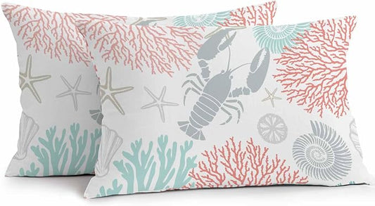 Teal Red Coastal Waterproof Outdoor Pillow Covers Set of 2 Home Decor Summer Lobster Coral Nautical Pillowcase Patio Pillow Covers for Couch Bench Patio Furniture Garden 20x12in