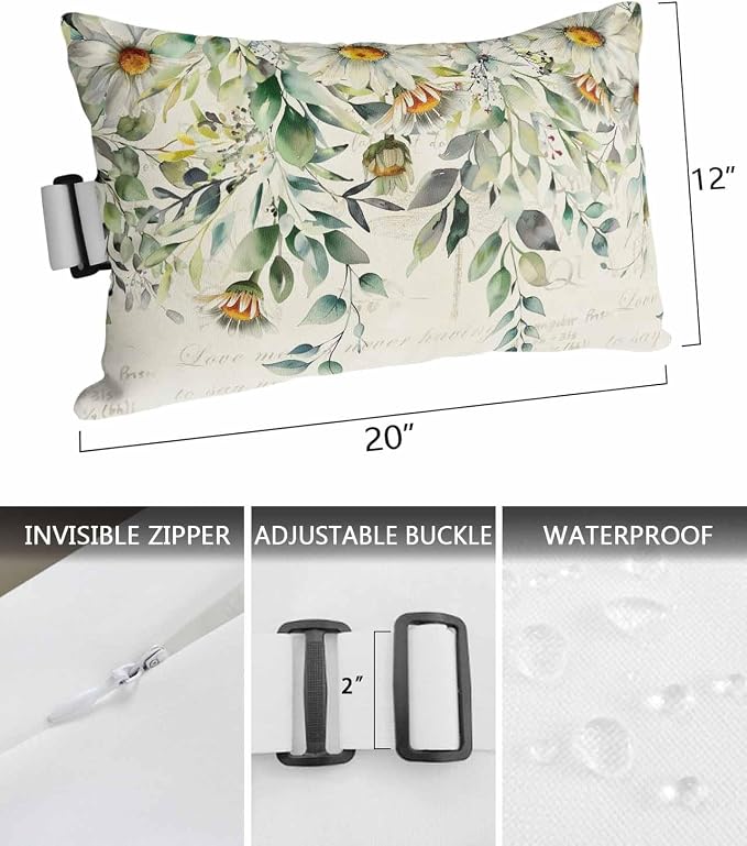 Lumbar Pillow Covers Set of 2, White Daisy Waterproof Outdoor Chaise Lounge Pillow Covers with Elastic Strap, Spring Floral Eucalyptus Leaves Summer Botanical Headrest Pillowcase for Patio, 12 x 20