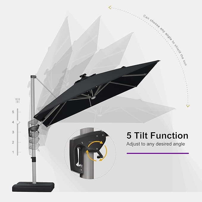 PURPLE LEAF 9 Feet Patio Umbrella with Lights Outdoor Square Cantilever Umbrella Solar Powered LED with 360-degree Rotation for Garden Deck Pool Patio, Black