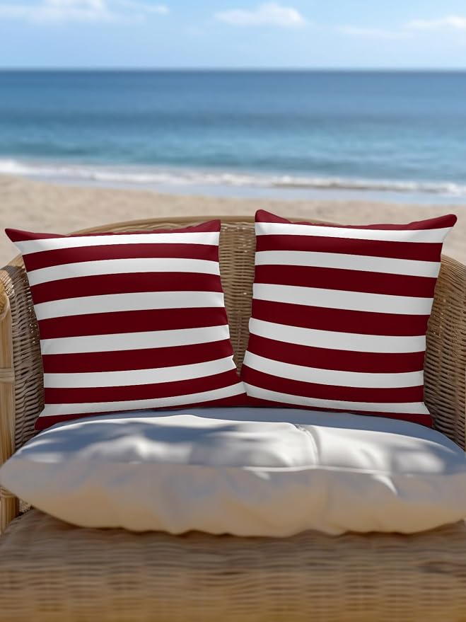 Waterproof Outdoor Pillow Set of 2 Burgundy Red Stripes Decorative Throw Pillows Cover & Insert 18x18 Inch Pillowcase Classic Striped Lines Pillows for Couch Sofa Bed Patio Furniture Indoor Outdoor