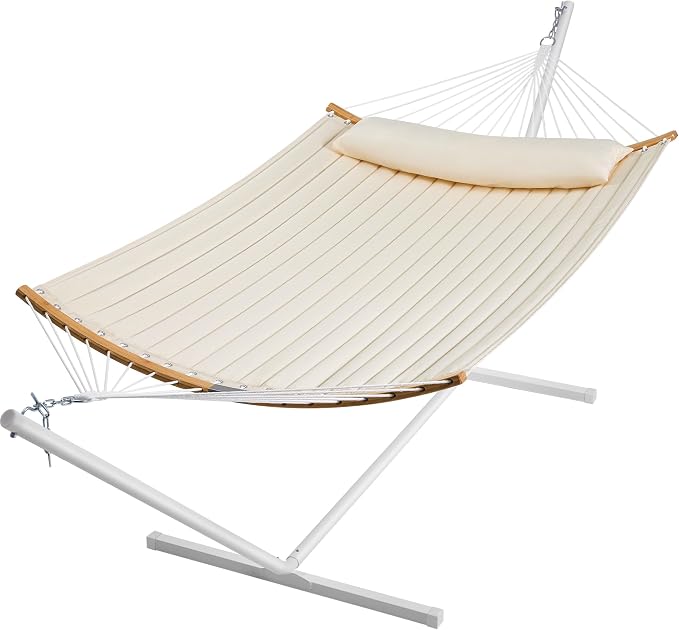 SUPERJARE Hammock with Stand, 2 Person Heavy Duty Hammock with Padded Cotton, Detachable Pillow & Strong Curved-Bar & Portable Carrying Bag, Perfect for Outdoor & Indoor, Beige