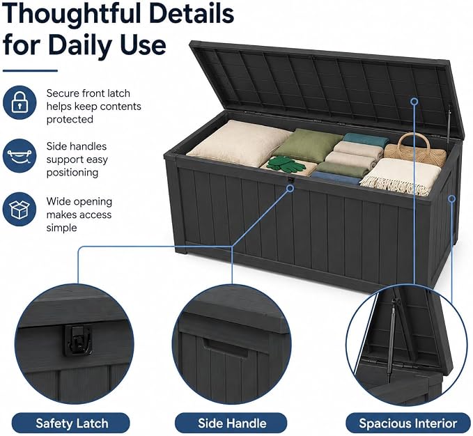 Outdoor Deck Patio Storage Box - 170 Gallon Large Outdoor Deck Box, Plastic Storage Bin with Lid, Outside Toy Box & Pool Storage Container for Cushions, Garden Tools, Towel, Black