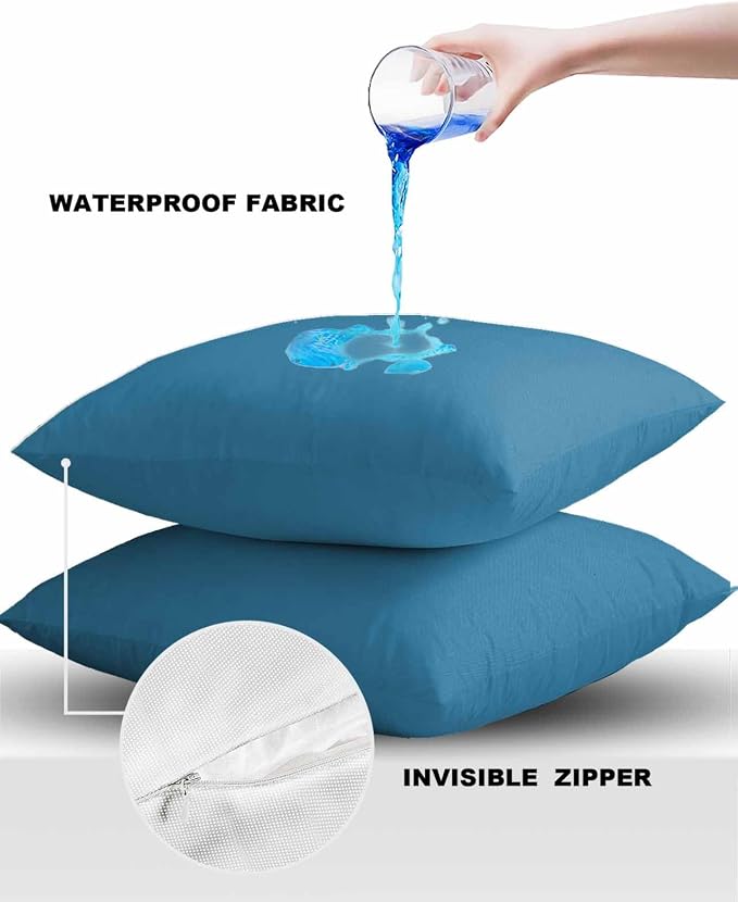 Outdoor Waterproof Throw Pillow Covers Set of 2 Wave Ride Blue Pillowcases 26x26 Inches Solid Color Patio Decorative Pillows Cushion Case Patio Pillows for Couch Bed Chair Garden