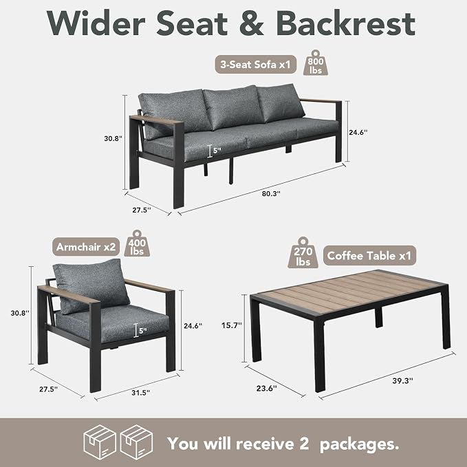 Patio Furniture Set 5 Seats and Coffee Table, Patio Conversation Set with Washable Thick Cushions, Deluxe Aluminum Modern Outside Sectional for Porch, Balcony, Deck, Yard, Light Gray