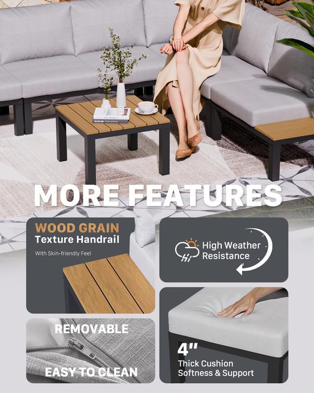 ZANDOR Aluminum Outdoor Patio Furniture Set, 4 Pieces Movable Backrest Modular Sectional Sofa Set, Metal Conversation Set with 4-inch Thick Cushion for Garden Backyard Porch, Grey