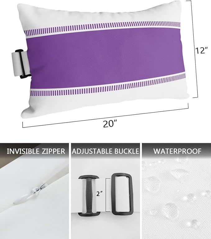 Outdoor Pillows Covers with Inserts Stripes Purple Stripes Texture Waterproof Recliner Pillow with Adjustable Strap Throw Pillows for Patio Furniture Pool Lounge Chair, 12x20 inch, 2PCS