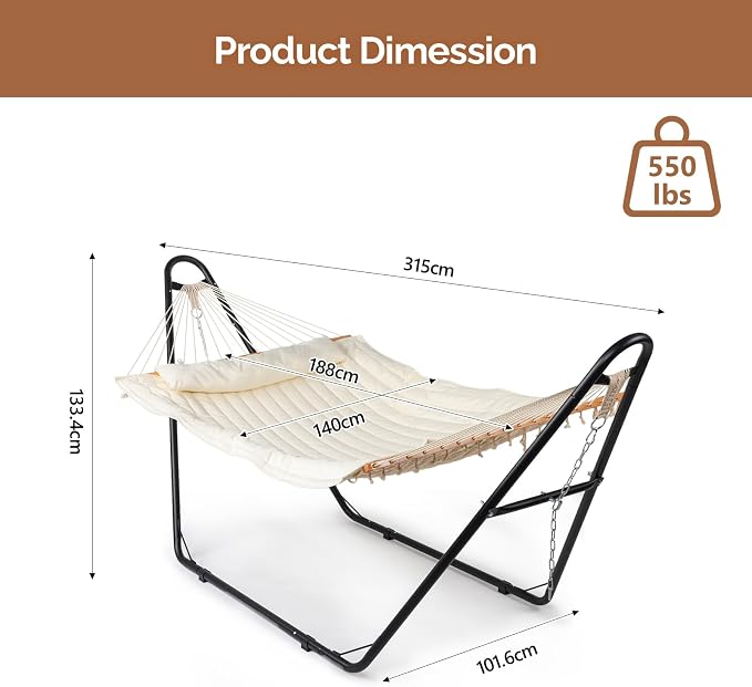 Heavy Duty Double Hammock with Stand – Heavy Duty 2-Person Hammock Set for Outside, Adjustable Patio Swing Hammock Chair Patio Furniture, Backyard Garden Porch Furniture, Beige