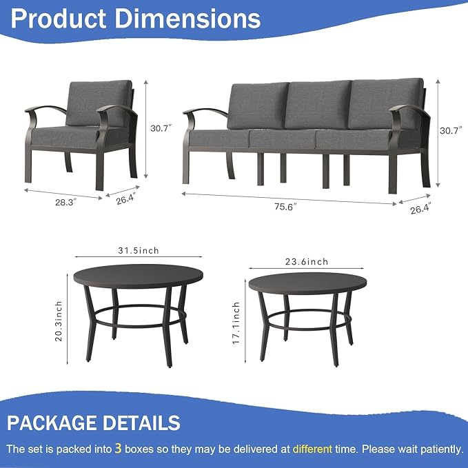 Kullavik Aluminum Patio Furniture Set,4 Piece Modern Metal Outdoor Patio Furniture w/5.1'' Thick Cushion and Round Coffee Table,Patio Conversation Sets for Porch,Deck,Grey