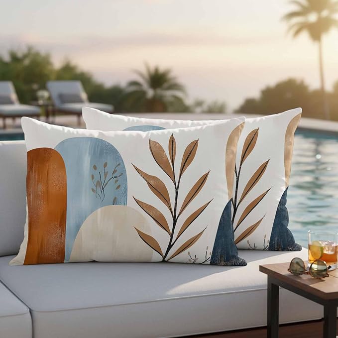 Bohemian Nordic Outdoor Waterproof Throw Pillow Covers Set of 2, 20"x12", Simple Colorful Abstract Leaves Decorative Pillow Covers Outside Cushion Case for Patio Porch Garden