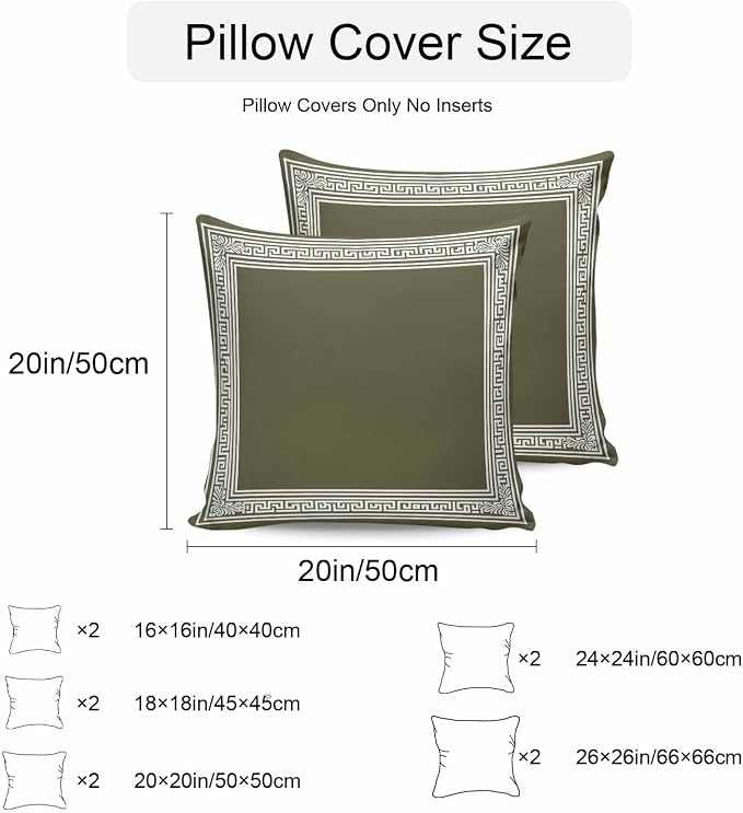 Olive Green Greek Key Waterproof Outdoor Pillow Covers Set of 2 Home Decor, Geometric Greece Ancient Farmhouse Geo Pillowcase Patio Pillow Covers for Couch Bench Furniture Garden 20x20in