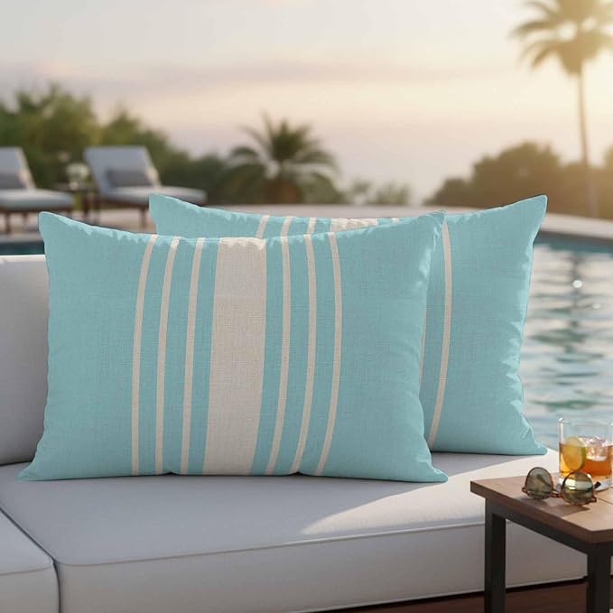 Aqua Beige Striped Outdoor Pillow Covers 20x12 Inch Lumbar Pillow Covers Set of 2 Waterproof Decorative Throw Pillow Cases Modern Farmhouse Retro Lines Cushion Covers for Patio Furniture Garden Couch