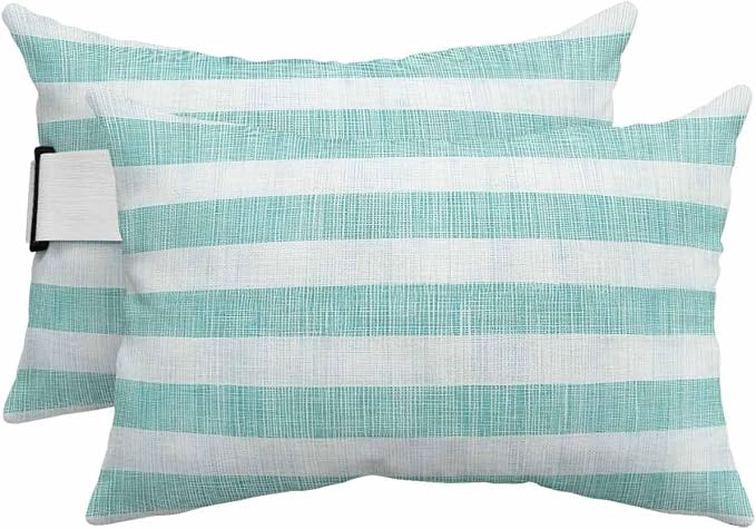 Pack of 4 Outdoor Lumbar Pillow Covers 12x20 Inch, Aqua Striped Waterproof Throw Pillow Covers Set, Rustic Farmhouse Stripes Indoor&Outdoor Decorative Cushion Cases for Patio Porch Beach
