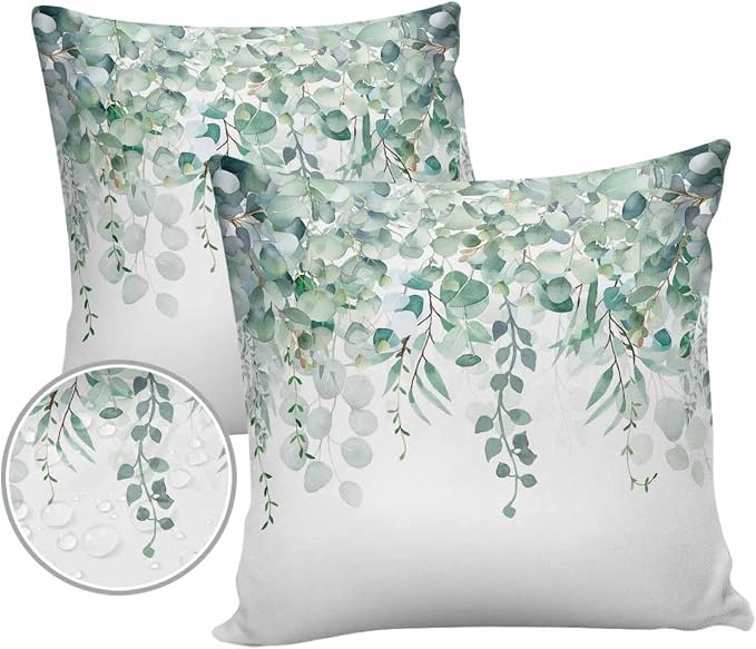 Eucalyptus Leaves Outdoor Pillow Covers Pack of 2, Watercolor Green Plants Waterproof Pillow Covers Seasonal Spring Summer Throw Pillowcase for Patio Funiture Garden Tent, 18 x 18 inch