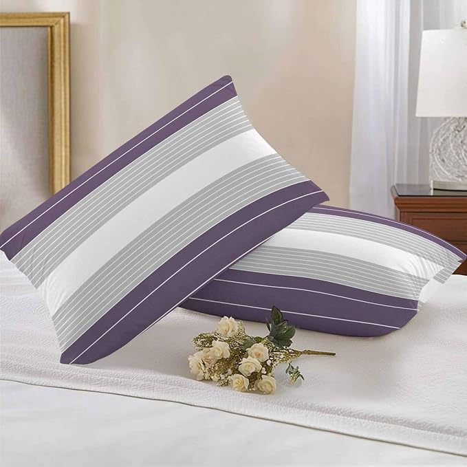 Purple Grey Stripe Outdoor Pillow Covers Waterproof, All Weather Cushion Case Set of 2, Modern Art Horizontal Striped Lumbar Pillowcase for Sofa Couch Bed Decor Patio Furniture 20"x12"