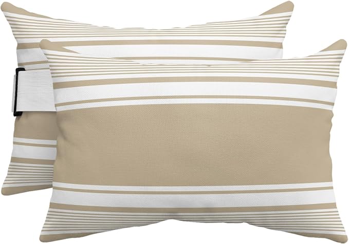Outdoor Lumbar Pillows 11x16 Set of 2, Farmhouse Beige Striped Waterproof Throw Pillow Covers with Insert, Modern Minimalist Stripes Decorative Pillowcase Cushion for Couch Sofa Bed