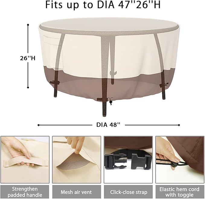 Patio Furniture Covers, Heavy Duty Round Patio Table Cover (48D x 26H Inch) Outdoor Dining & Coffee Table Cover for Veranda, Lawn, Table, Chair-Waterproof & Weather Resistant, Anti UV - Beige & Brown