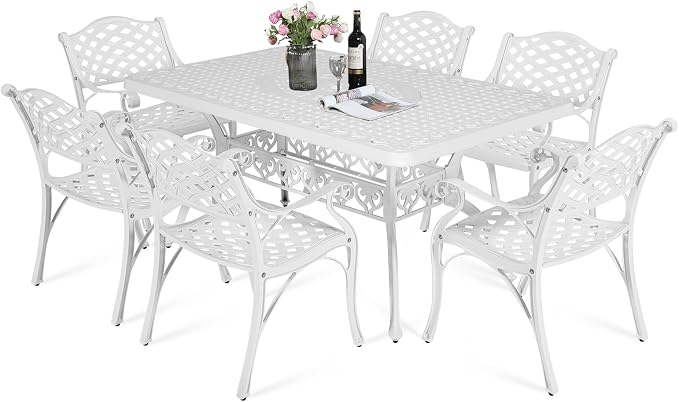 MEETWARM 7 piece Outdoor Patio Dining Set for 6 Seater Dining Table Set, All-Weather Cast Aluminum Patio Conversation Set for Garden with 6 Chairs, 1 Rectangular Table, 2" Umbrella Hole, White