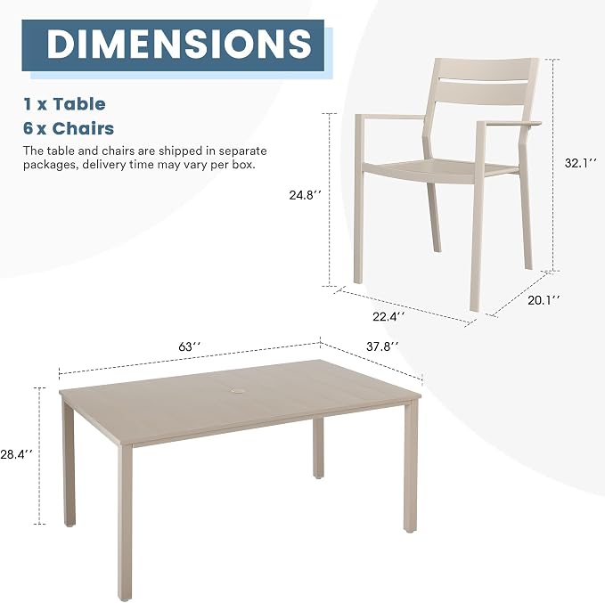 DIFY 7 Pieces Outdoor Patio Dining Set, 6 Cream Stackable Metal Dining Chairs and 63" Sandshell Rectangle Dining Table, Outdoor Table and Chairs for Lawn Garden Backyard Deck