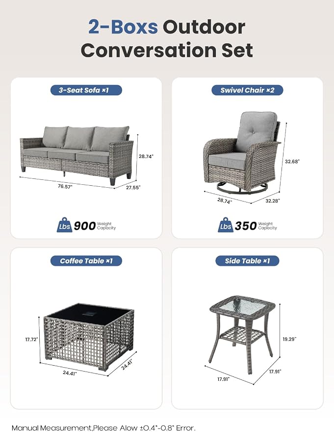 5-Piece Outdoor Patio Furniture Set with Swivel Chairs, Outdoor Conversation Wicker Sofa with Coffee Table, Rattan Couch for Deck, Backyard, Poolside (Dark Grey)
