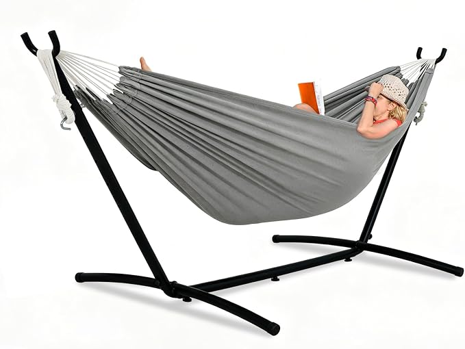 Lazy Daze Portable Hammock with Stand, Free Standing Hammocks for Indoor Outdoor Patio Yard, Has a Carrying Bag and Pillow, 9ft Hamacas Heavy Duty 2 Person Amaca 450 lbs Capacity(Light Gray)
