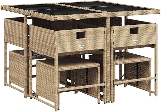 Afuera Living 9-Piece Poly Rattan Patio Dining Set, Beige/Cream Color, Includes Table, 4 Chairs, 4 Stools, Removable Cushions, Weather-Resistant Build, Powder-Coated Steel, Modern Outdoor/Garden