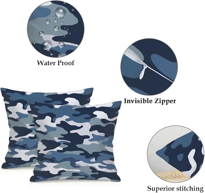20x20 Inch Outdoor Pillow Covers Set of 2 Waterproof Throw Pillow Covers Decorative Couch Cushion Covers Navy Camouflage,Camo Theme Square Pillowcases Protectors for Patio Garden Sofa