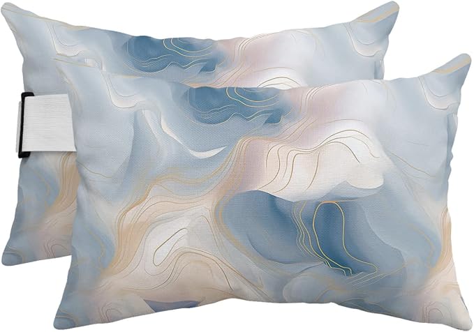 Outdoor Pillows Covers with Inserts Marble with Gold Lines Pink Blue Gradient Texture Waterproof Pillow with Adjustable Strap Throw Pillows for Patio Furniture Recliner Lounge Chair, 11x16 inch, 2PCS