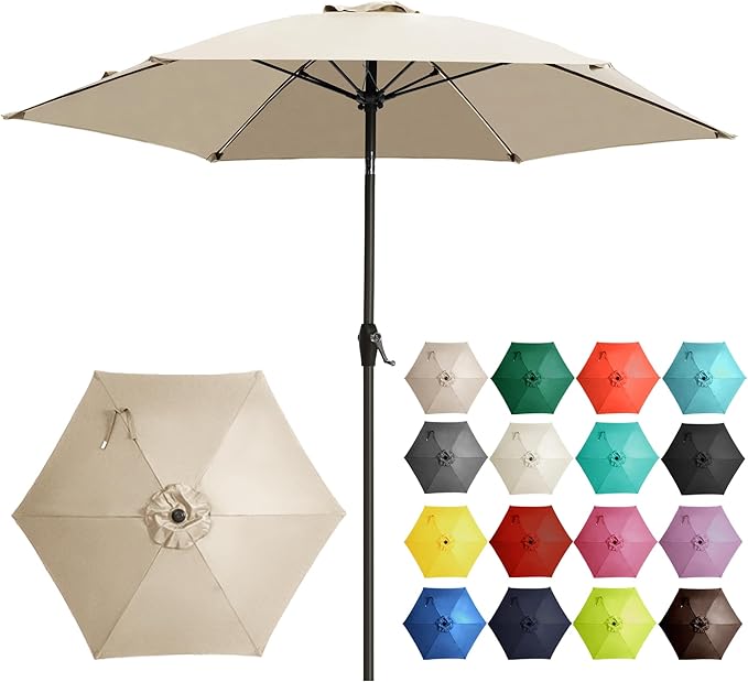 Ayge 7.5FT Large Outdoor Patio Umbrella Market Table Umbrella-UV Resistant, Easy Push Button Tilt and Crank, 6 Sturdy Fiberglass Ribs Heavy-Duty Pool Umbrella for Deck, Backyard,Garden, Yard,Beige