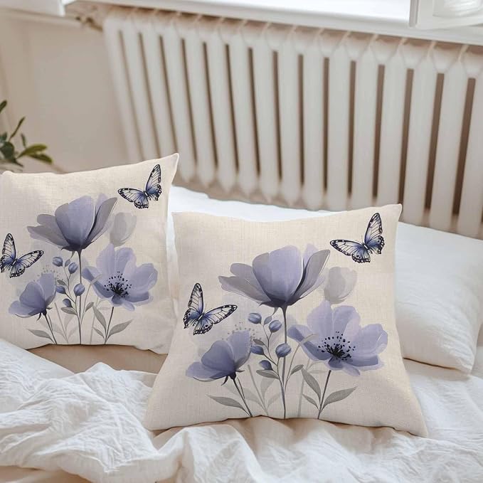Purple Flowers Waterproof Outdoor Pillow Covers Set of 2 Home Decor, Spring Farmhouse Retro Tulip Butterfly Pillowcase Patio Pillow Covers for Couch Bench Furniture Garden 16x16in