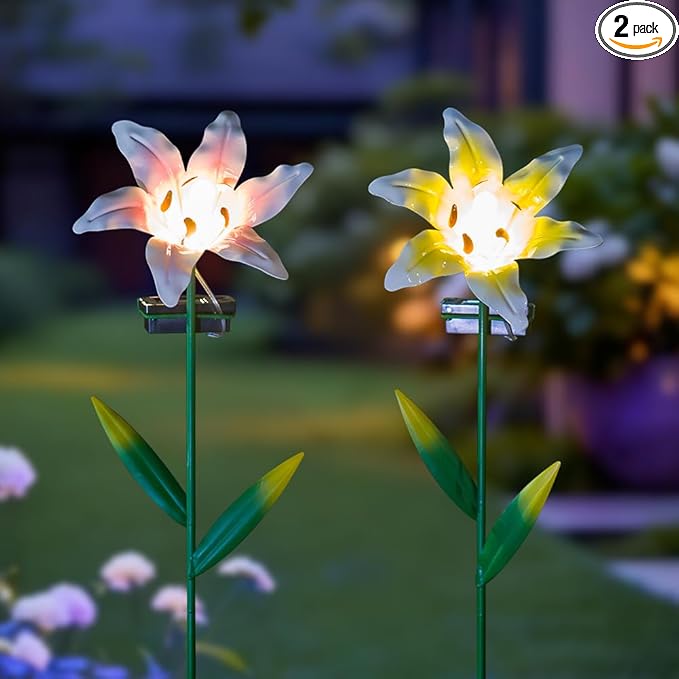 Solar Garden Lights Outdoor,2 Pack Lily Flowes Solar Garden Lights,Waterproof Decorative Metal Flowers Lights for Outside Lawn Patio Pathway
