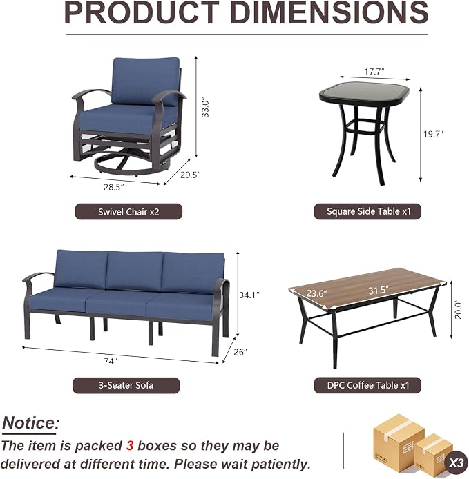 ALAULM Aluminum Patio Furniture Set with Coffee Table Rectangular, 5-seat Outdoor Sectional Furniture w/2 Swivel Chairs, Patio Conversation Set for Porch, Backyard, Poolside-Dark Blue
