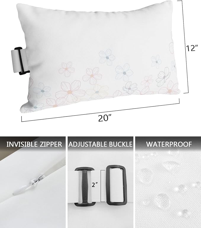 Outdoor Pillows Covers with Inserts Line Cherry Blossom Design Simple Flower Waterproof Recliner Pillow with Adjustable Strap Throw Pillows for Patio Furniture Pool Lounge Chair, 12x20 inch, 1PCS