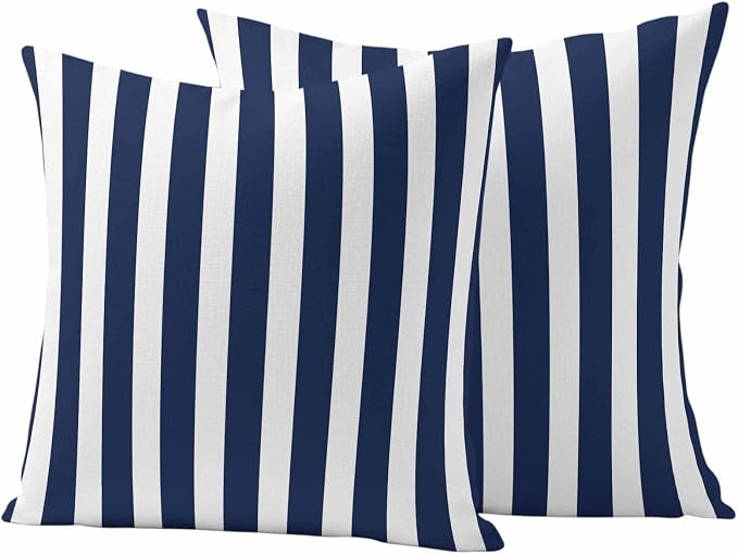Navy Blue Striped Outdoor Waterproof Throw Pillow Covers 20x20 Set of 2, Modern Farmhouse Blue White Stripes Decorative Pillowcases Cushion Pillowcase for Couch Sofa Patio Outside Pillow Protector