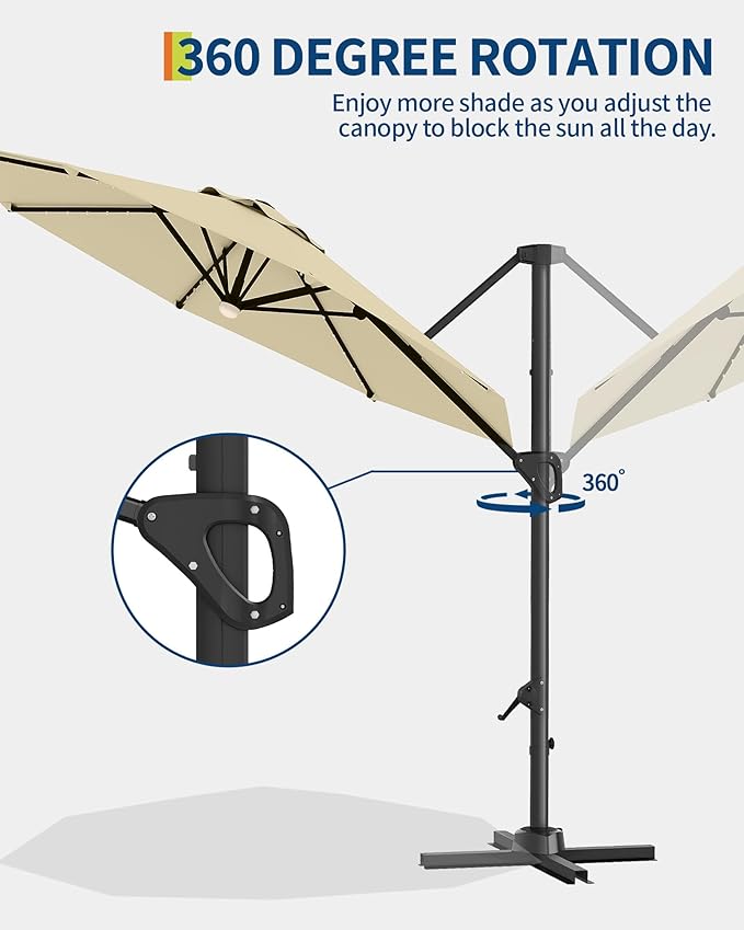 GarveeLife 10 ft Cantilever Umbrella Outdoor Patio Umbrella Solar LED w/Base Included Market Offset Umbrella Sun Shade Windproof with 360-Degree Rotation for Patio Garden Deck Pool, Beige